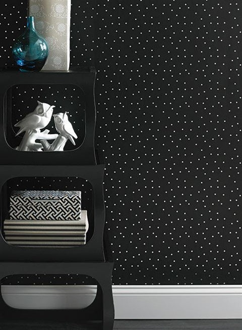 Silver Polka Dots Metallic Mylar/Gloss on Black Background AB2162