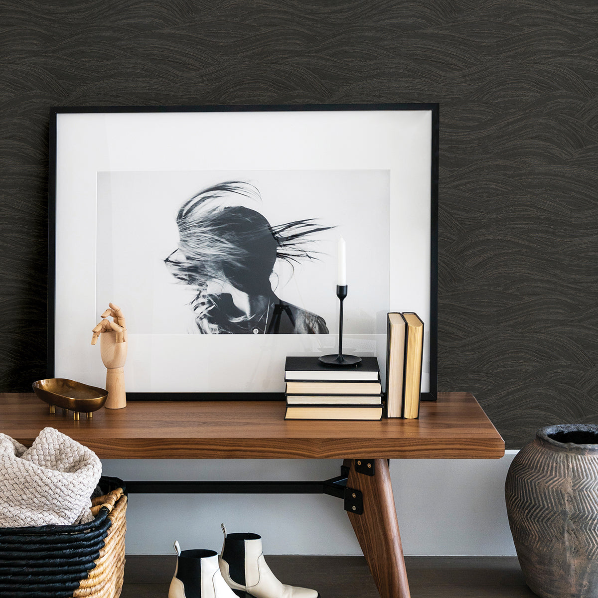 Leith Black Zen Waves Wallpaper 2971-86363 / SD86363