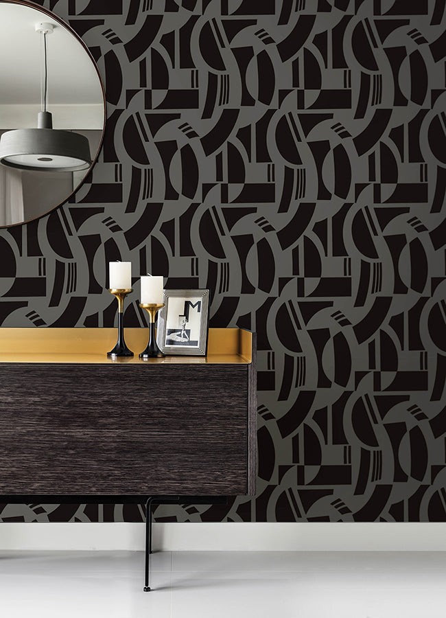Carter Black Geometric Flock Wallpaper by Scott Living SP87379