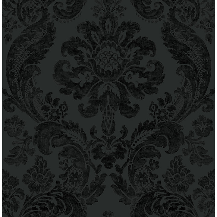 Shadow Black Flocked Damask Wallpaper 4147-87391