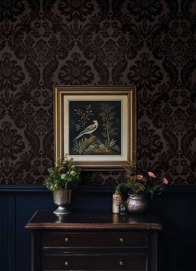 Shadow Black Flocked Damask Wallpaper 4147-87391