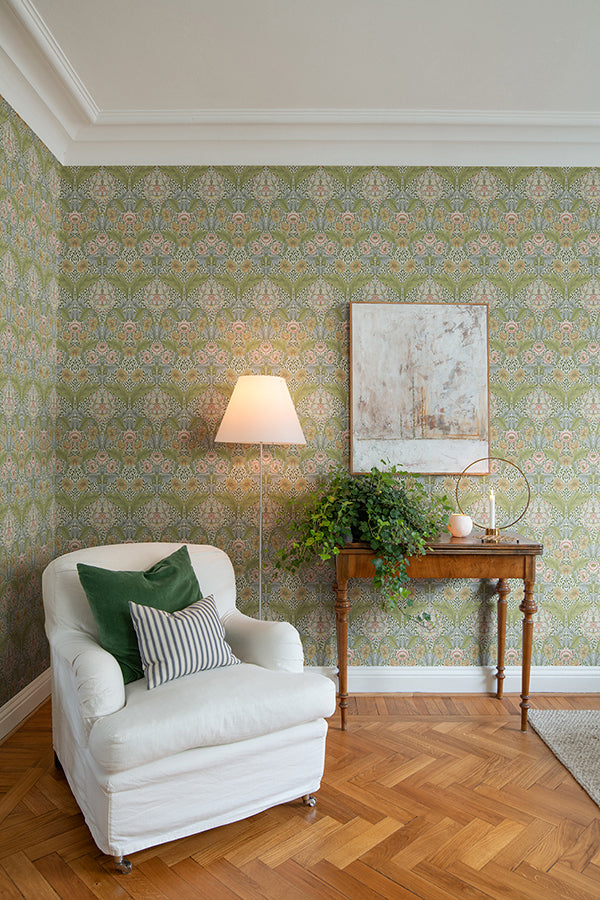 Myrtle Green Floral Ogee Wallpaper 4171-82058 / 82058