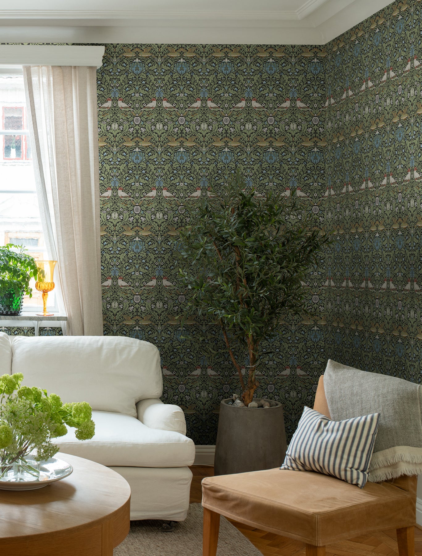 Morris & Co Inspired Bird Multicolor Floral Thicket Wallpaper 82062