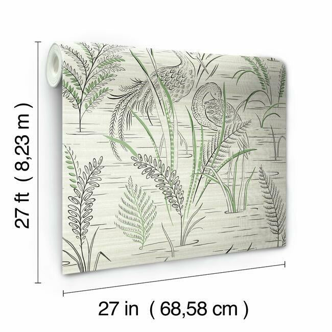 York Fernwater Cranes Wallpaper- Black/Green GR5952