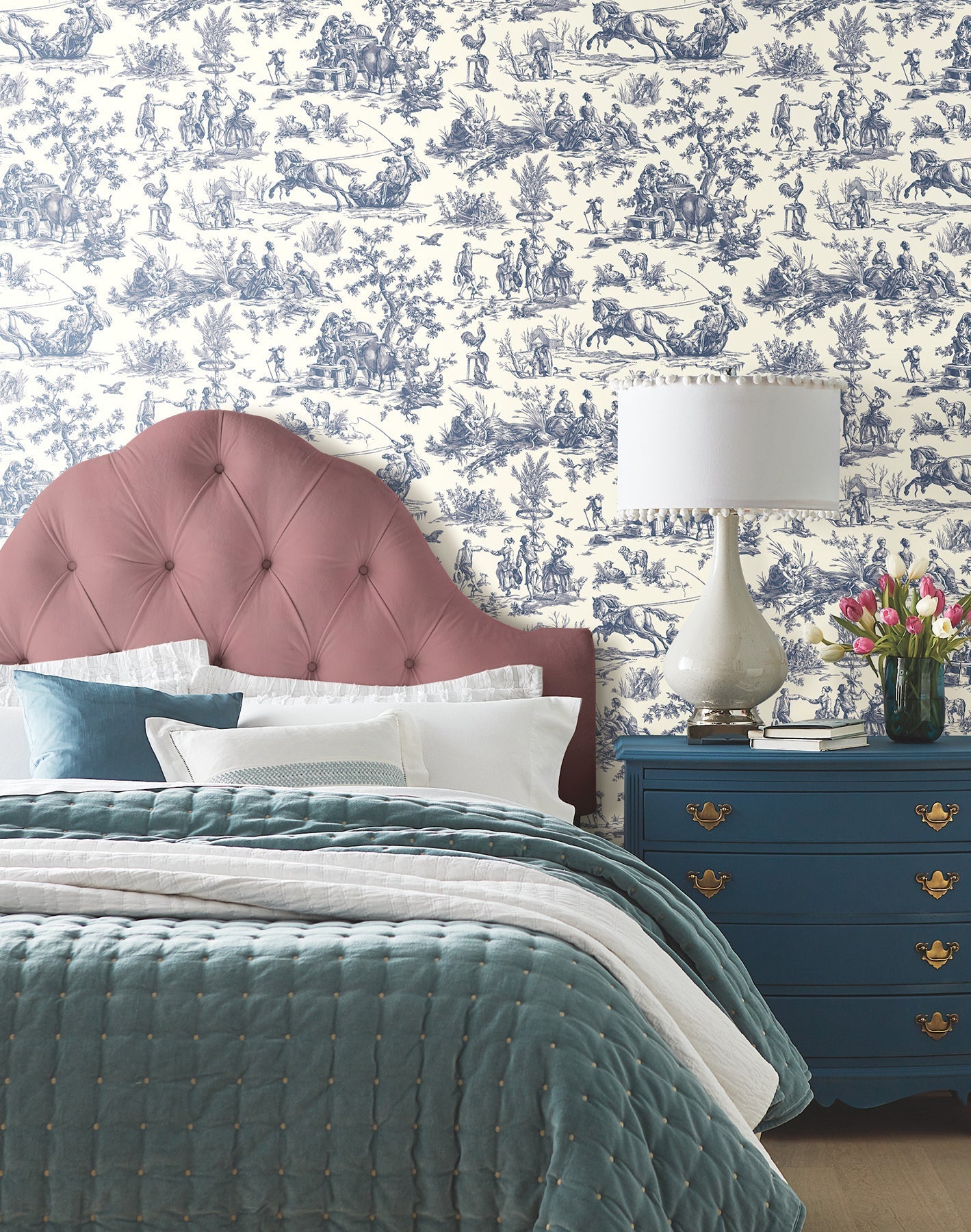 York Seasons Toile Wallpaper- Navy AF2000