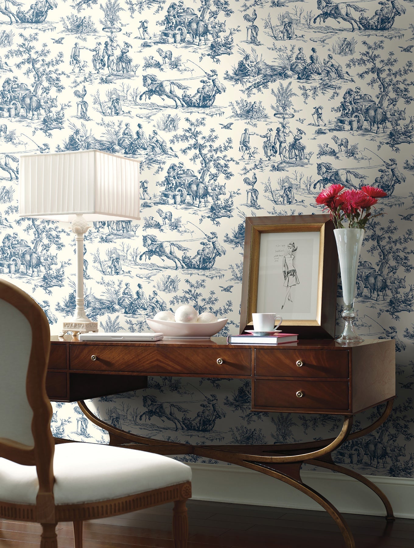 York Seasons Toile Wallpaper- Navy AF2000