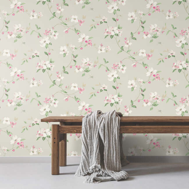 Dogwood Wallpaper- Taupe/Pink BL1763