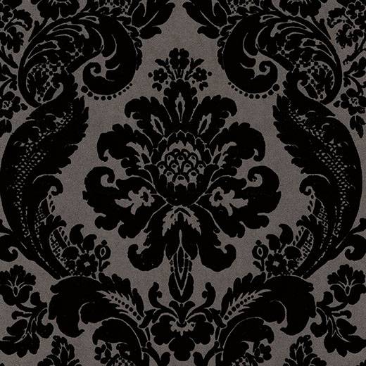 Shadow Black Flocked Damask Wallpaper 4147-87391