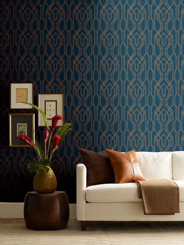 York Oriental Lattice Blue & Gold Wallpaper AF6561