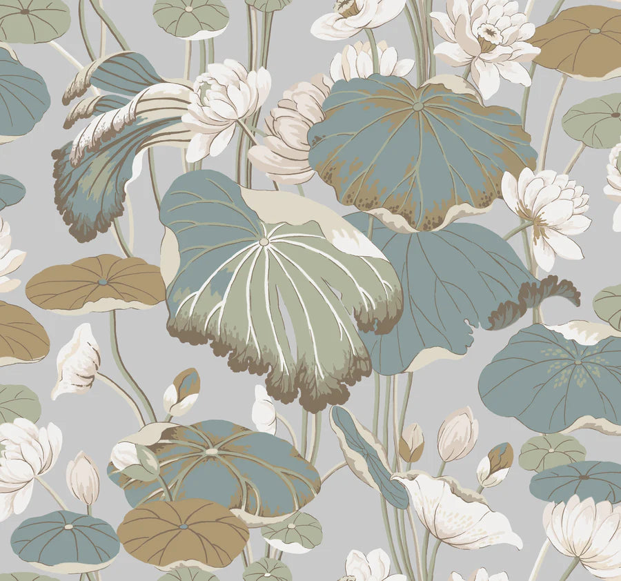 York GO8294 Lotus Pond Grey & Blue Wallpaper
