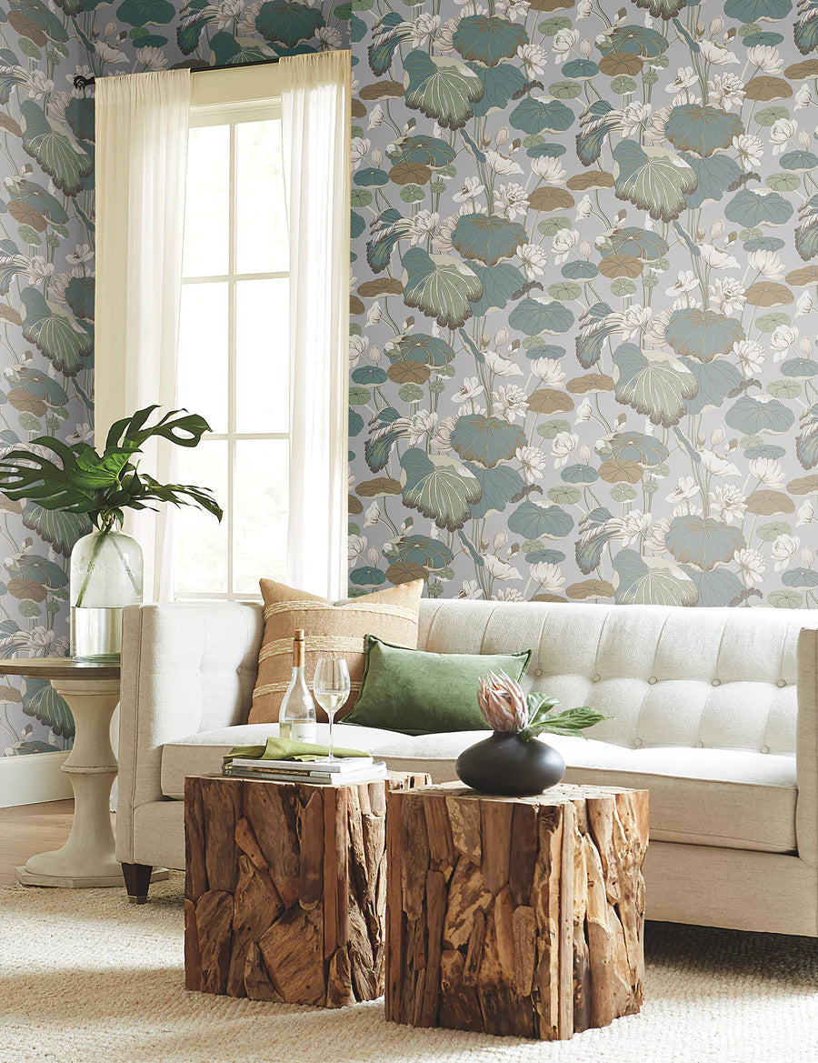 York GO8294 Lotus Pond Grey & Blue Wallpaper