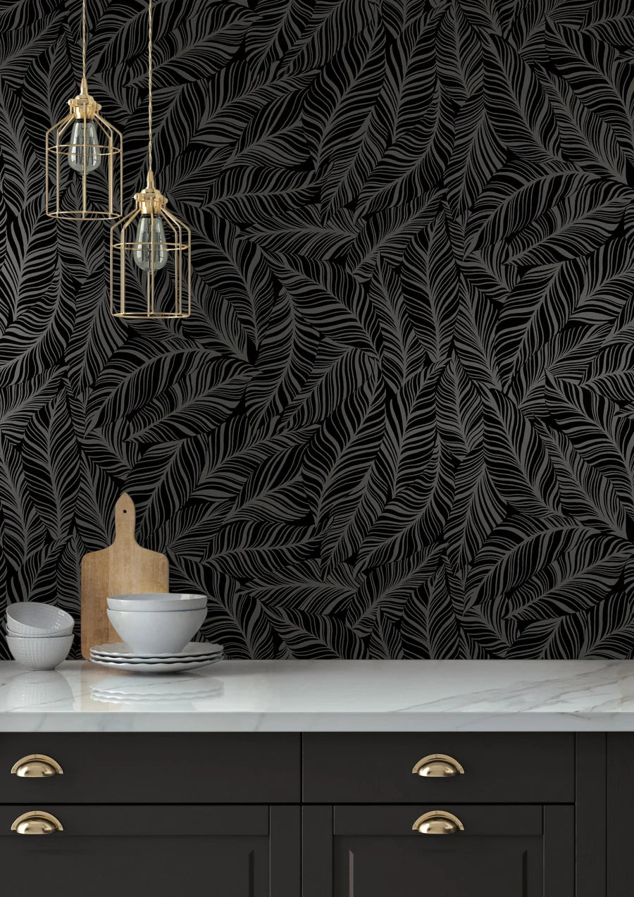 Rainforest Canopy Black Wallpaper with Botanical Palm Leaf Motif - York TC2712