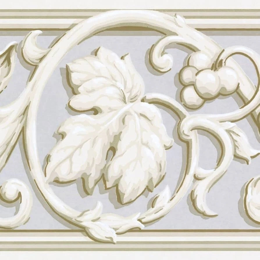 Grape Leaves Swirls Light Gray , Beige and Cream.  Border NP1914B