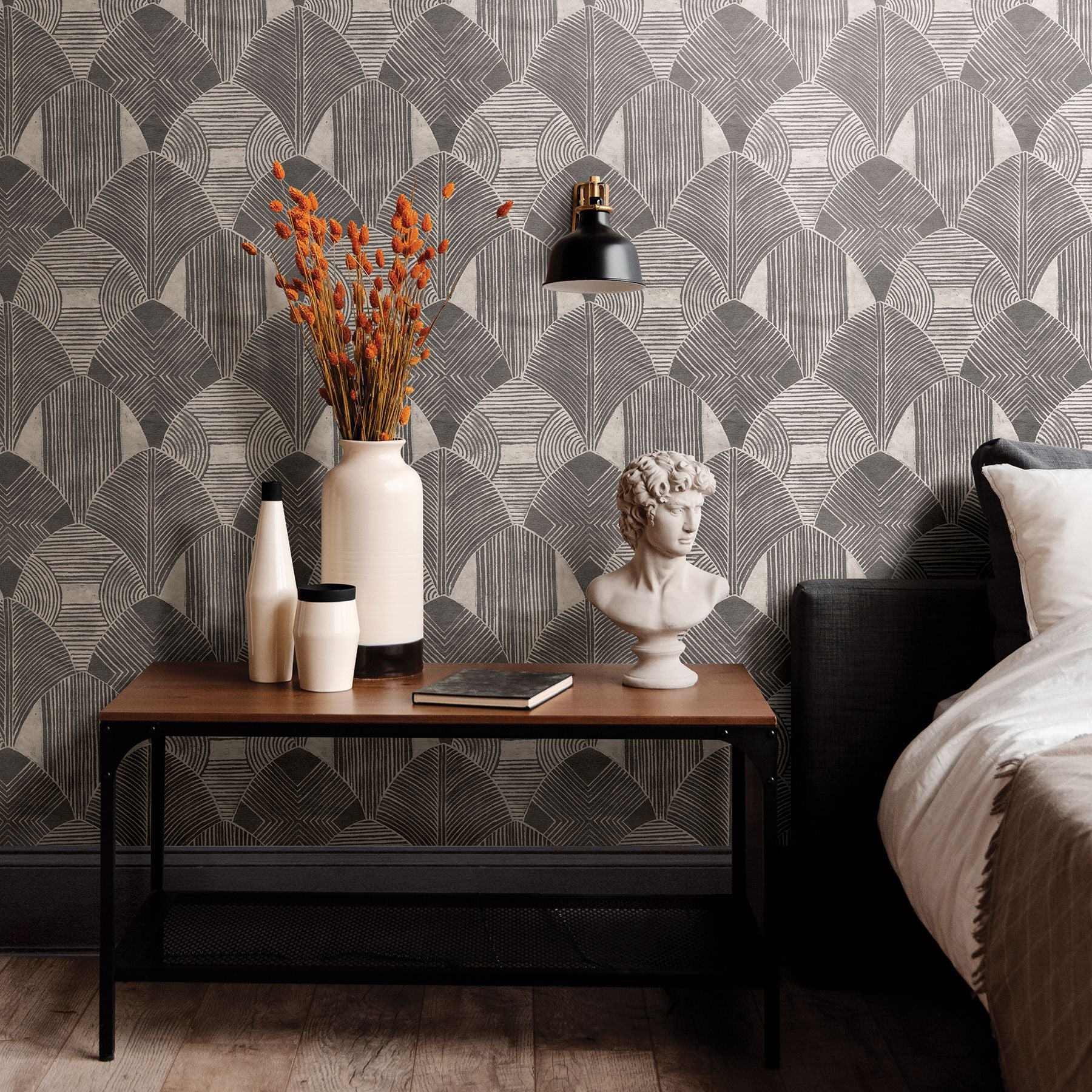 Westport Charcoal Geometric Wallpaper- Scott Living FD25928