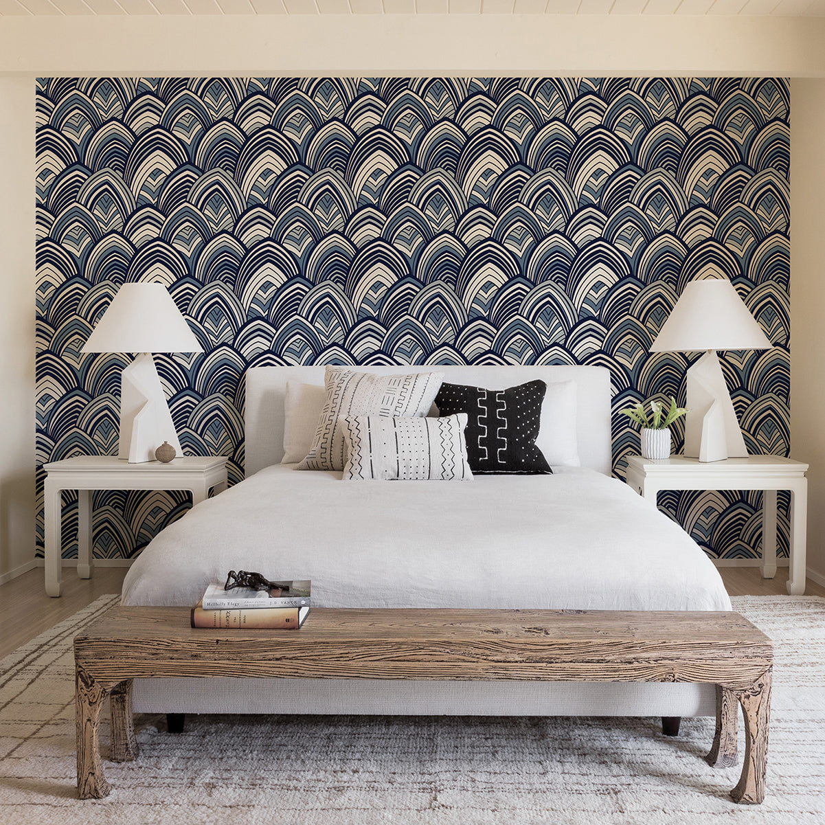 Cabarita Indigo Art Deco Flocked Leaves Wallpaper SP87351