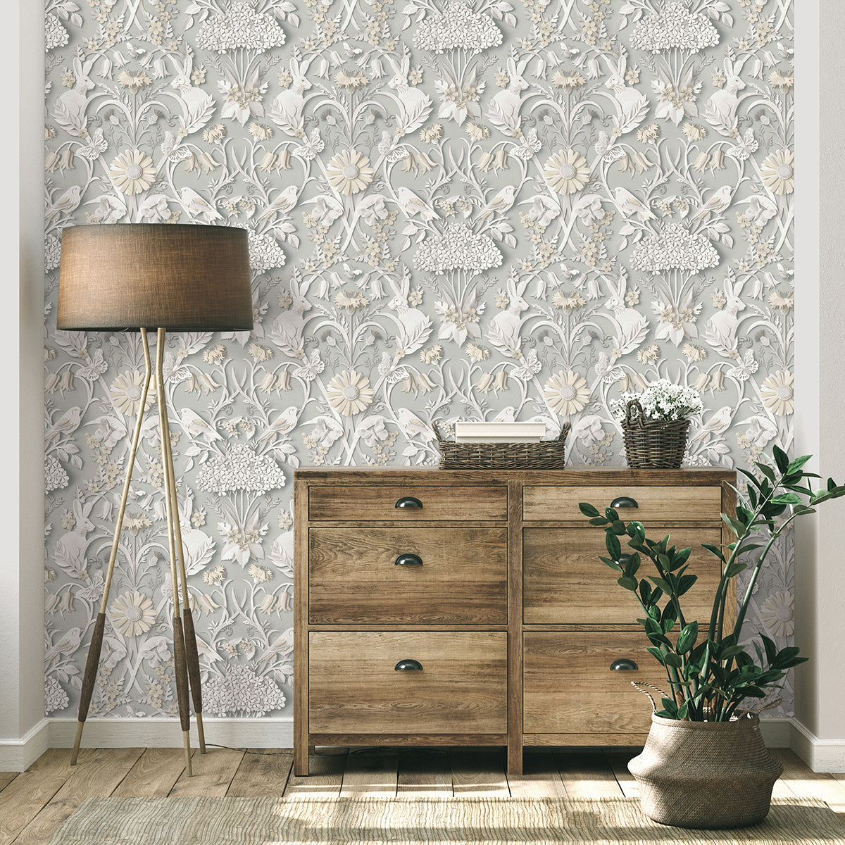 Fae Light Grey Woodland Wallpaper FD42952