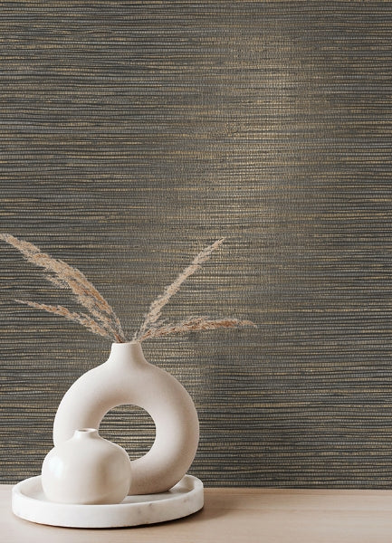 Alton Black Faux Grasscloth Wallpaper DL26716
