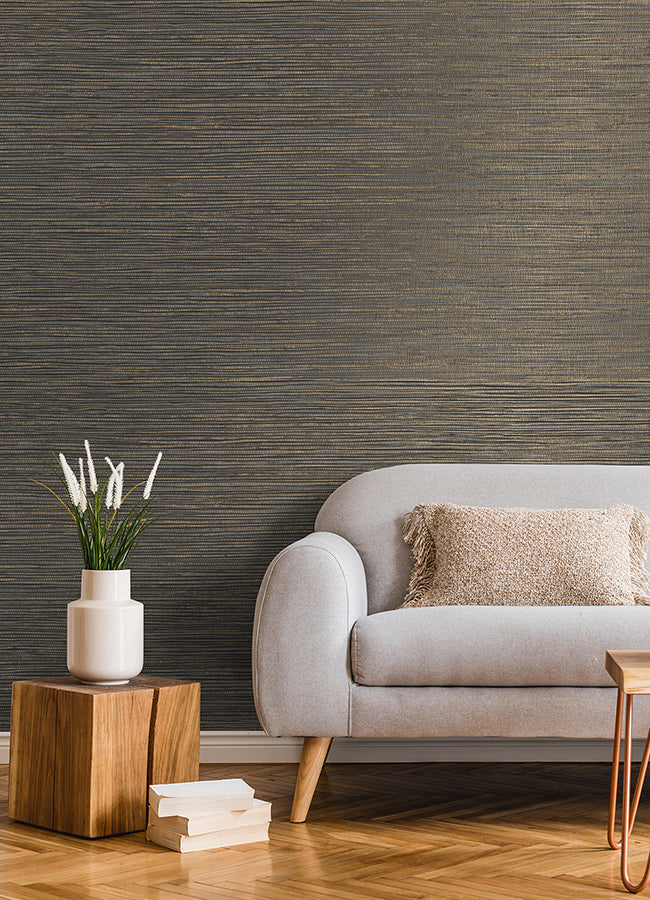 Alton Black Faux Grasscloth Wallpaper DL26716