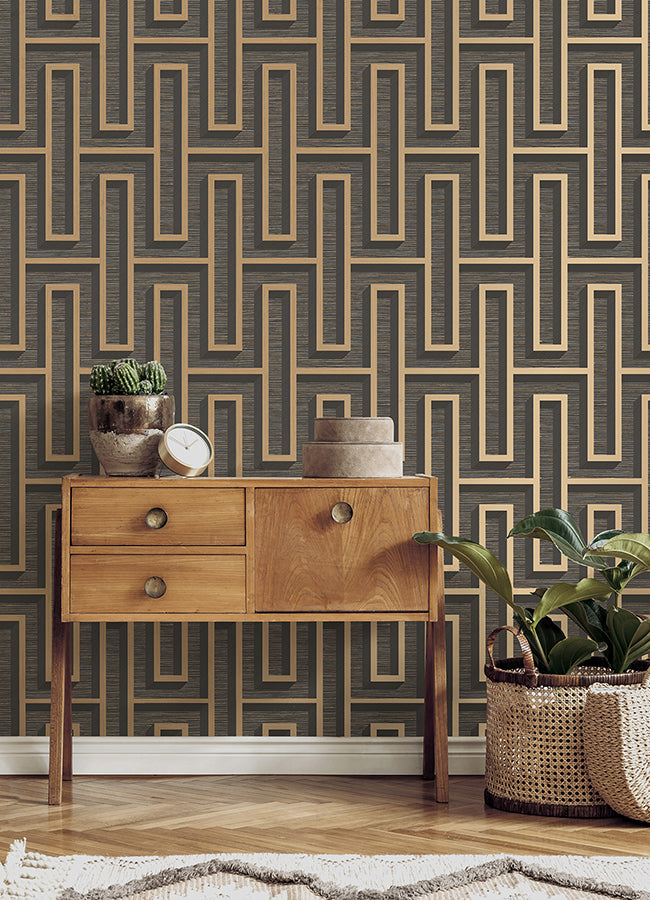 Henley Black Geometric Grasscloth Wallpaper DL26722
