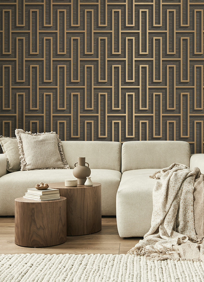 Henley Black Geometric Grasscloth Wallpaper DL26722