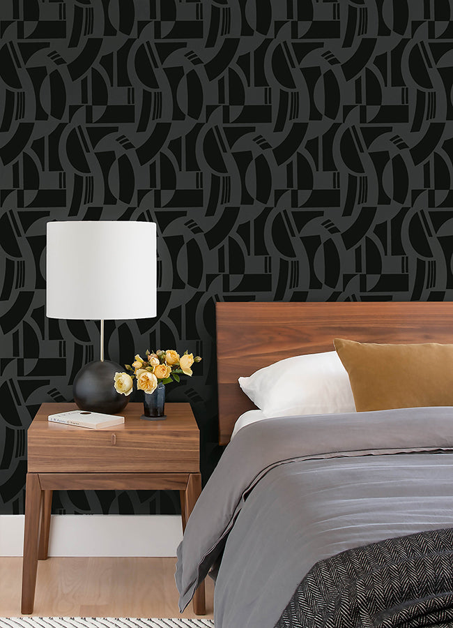 Carter Black Geometric Flock Wallpaper by Scott Living SP87379