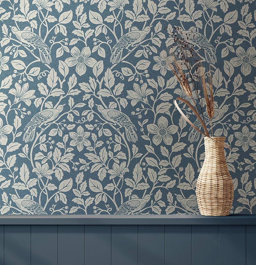 Marlow Dark Blue Bird Vine Wallpaper 4164-M1818