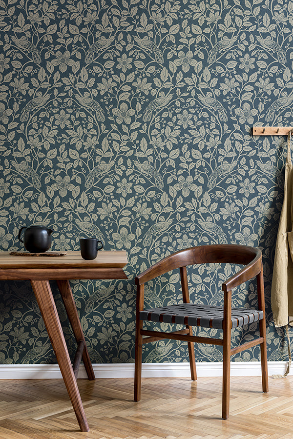 Marlow Dark Blue Bird Vine Wallpaper 4164-M1818