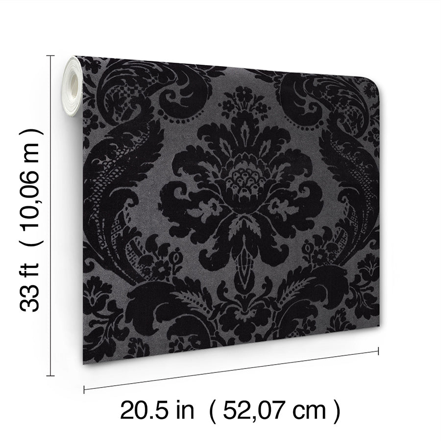 Shadow Black Flocked Damask Wallpaper 4147-87391