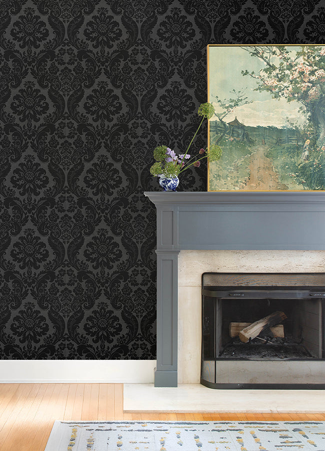 Shadow Black Flocked Damask Wallpaper 4147-87391