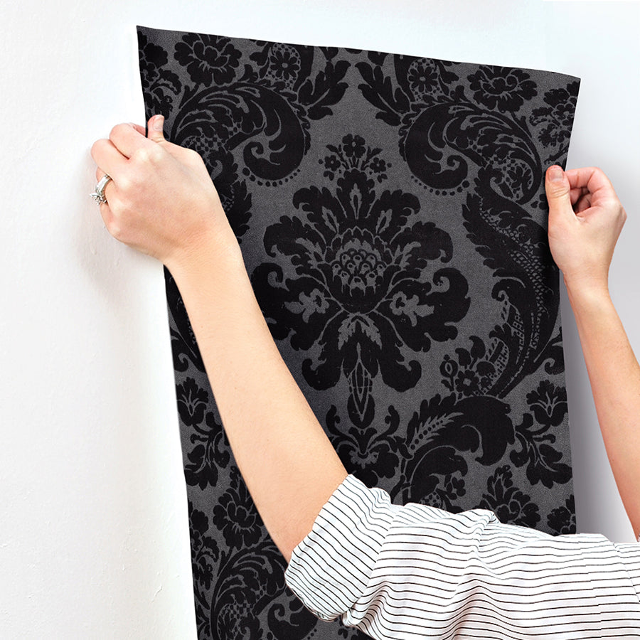 Shadow Black Flocked Damask Wallpaper 4147-87391