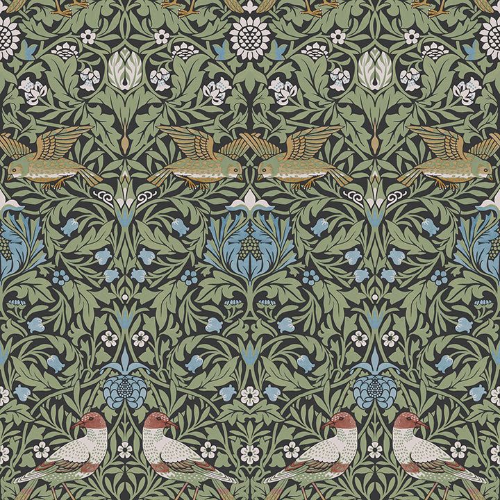 Morris & Co Inspired Bird Multicolor Floral Thicket Wallpaper 82062