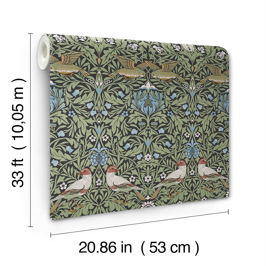 Morris & Co Inspired Bird Multicolor Floral Thicket Wallpaper 82062