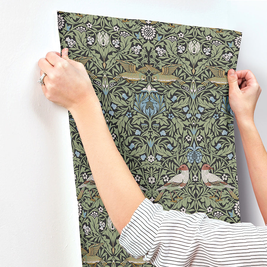 Morris & Co Inspired Bird Multicolor Floral Thicket Wallpaper 82062