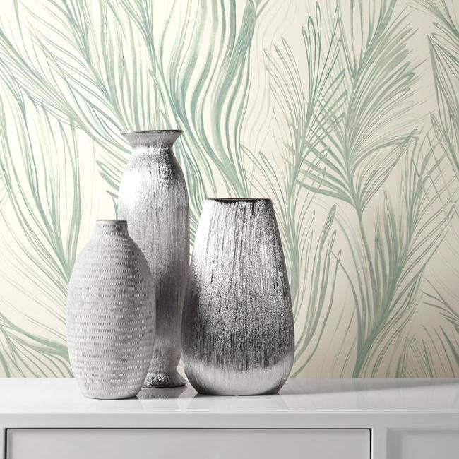 Peaceful Plume Wallpaper- Seafoam Silver NA0501