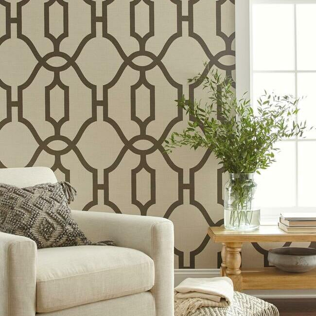 Woven Trellis Wallpaper- Charcoal On Khaki ME1551