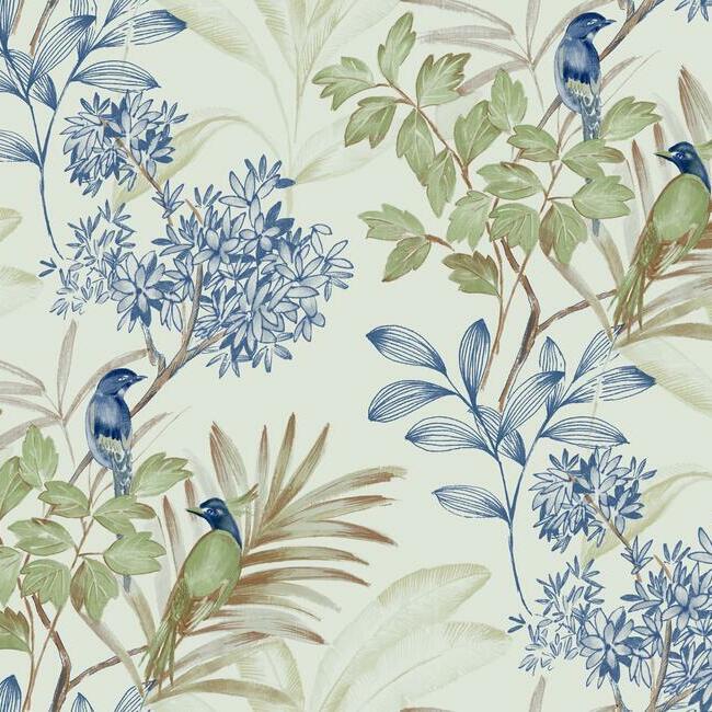 Handpainted Songbird Wallpaper- Green/Blue TL1928