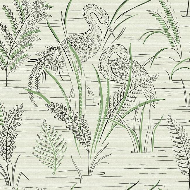 York Fernwater Cranes Wallpaper- Black/Green GR5952