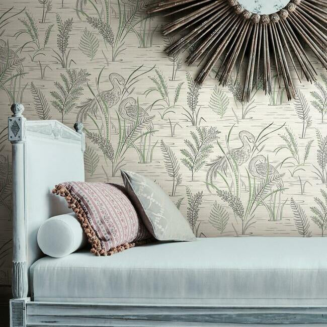 York Fernwater Cranes Wallpaper- Black/Green GR5952