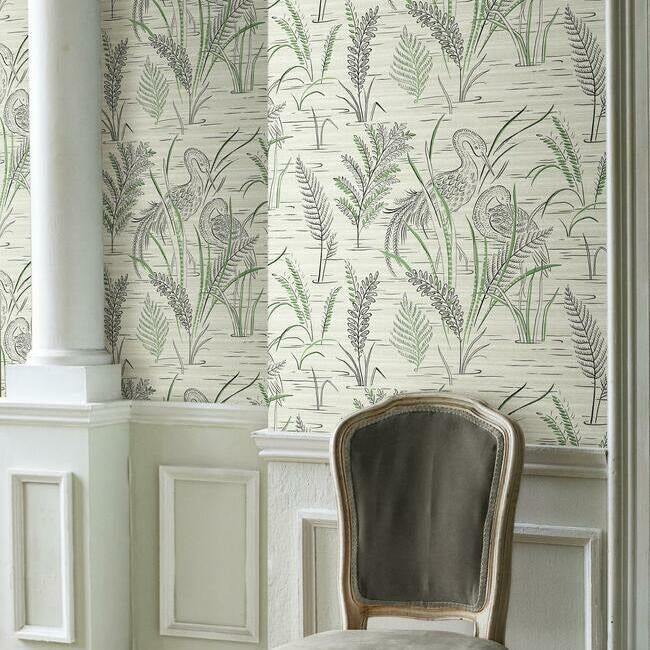 York Fernwater Cranes Wallpaper- Black/Green GR5952
