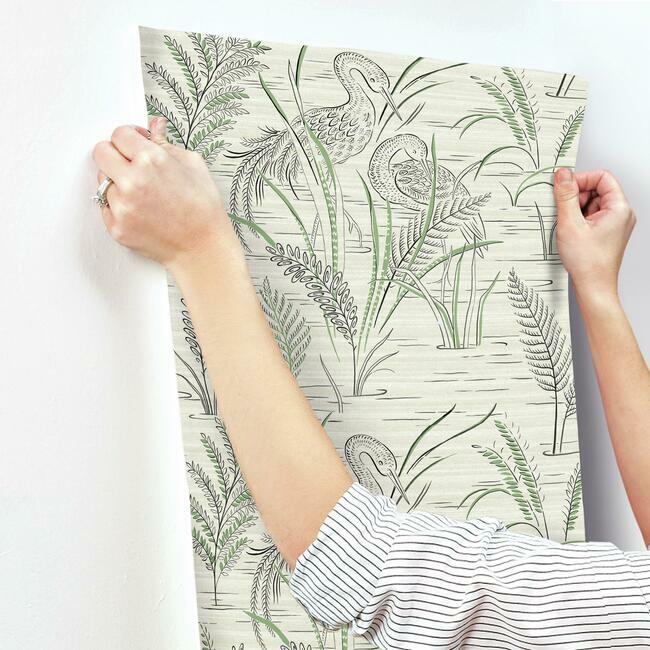 York Fernwater Cranes Wallpaper- Black/Green GR5952