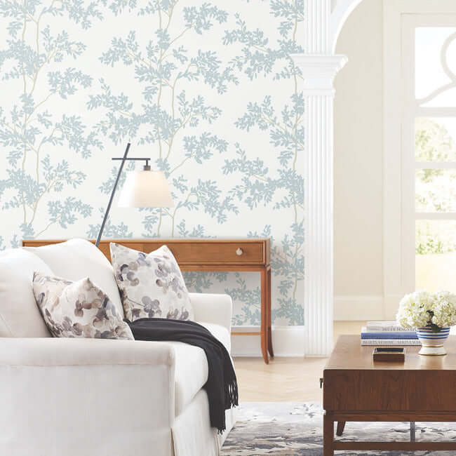 Lunaria Silhouette Wallpaper- White/Cloud Blue  BL1802