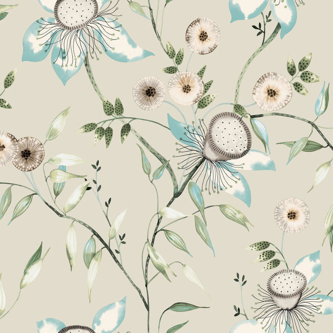 York Dream Blossom Wallpaper- Taupe/Aqua BL1794