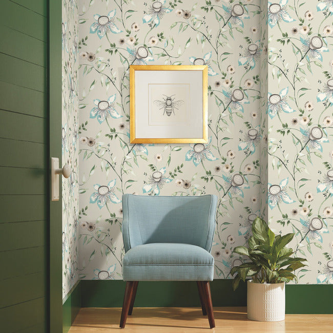 York Dream Blossom Wallpaper- Taupe/Aqua BL1794