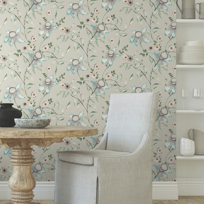 York Dream Blossom Wallpaper- Taupe/Aqua BL1794