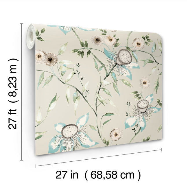 York Dream Blossom Wallpaper- Taupe/Aqua BL1794