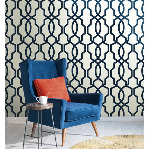 GE3664 Navy Blue on White Geometric Hourglass Trellis Wallpaper