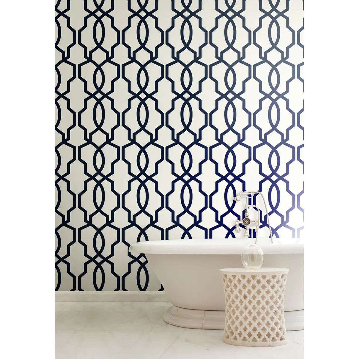 GE3664 Navy Blue on White Geometric Hourglass Trellis Wallpaper