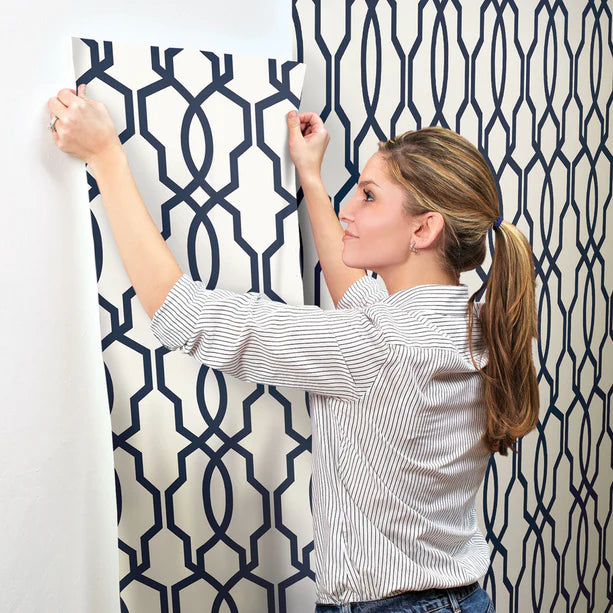 GE3664 Navy Blue on White Geometric Hourglass Trellis Wallpaper