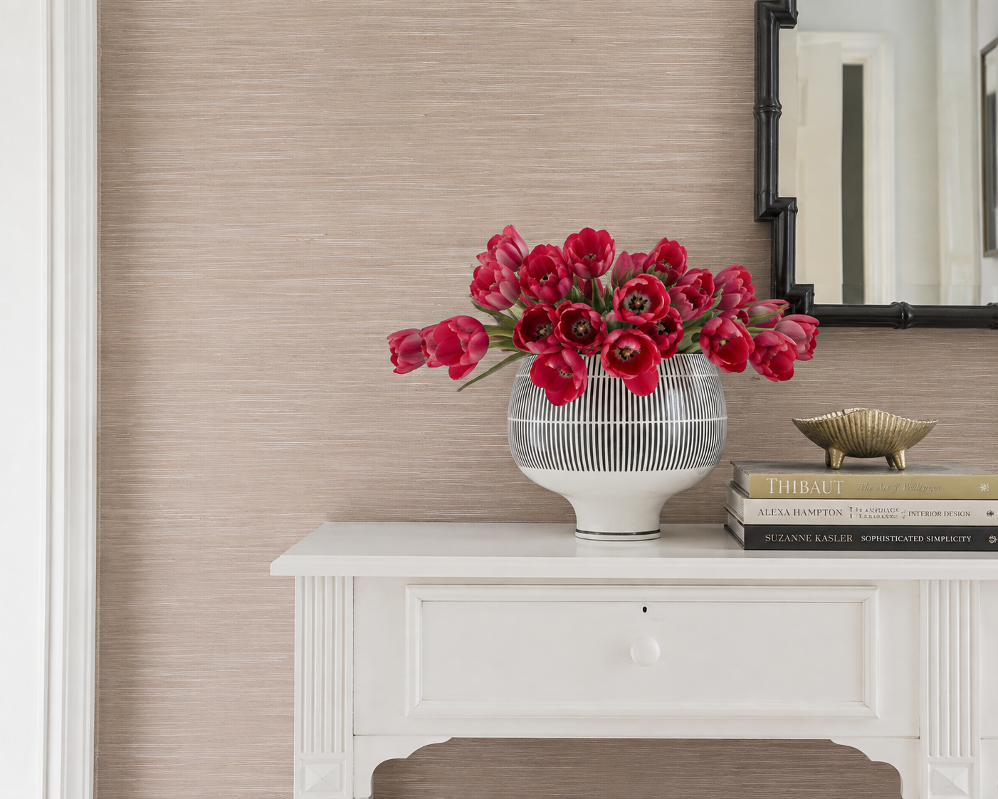Thibaut Rush Grasscloth Silver and Beige Wallpaper T3695