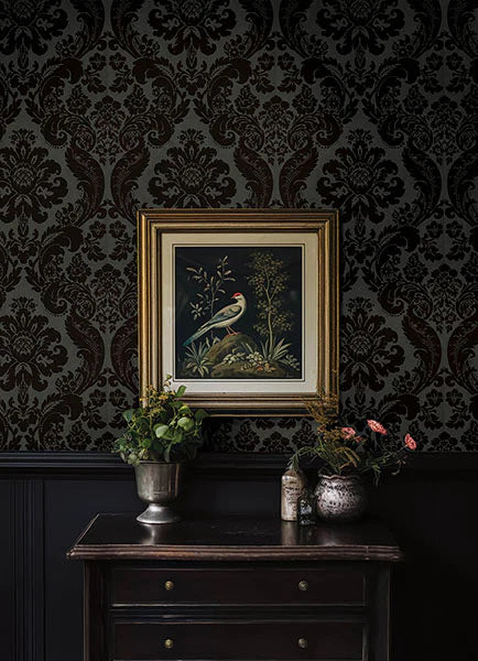 Shadow Black Flocked Damask Wallpaper 4147-87391